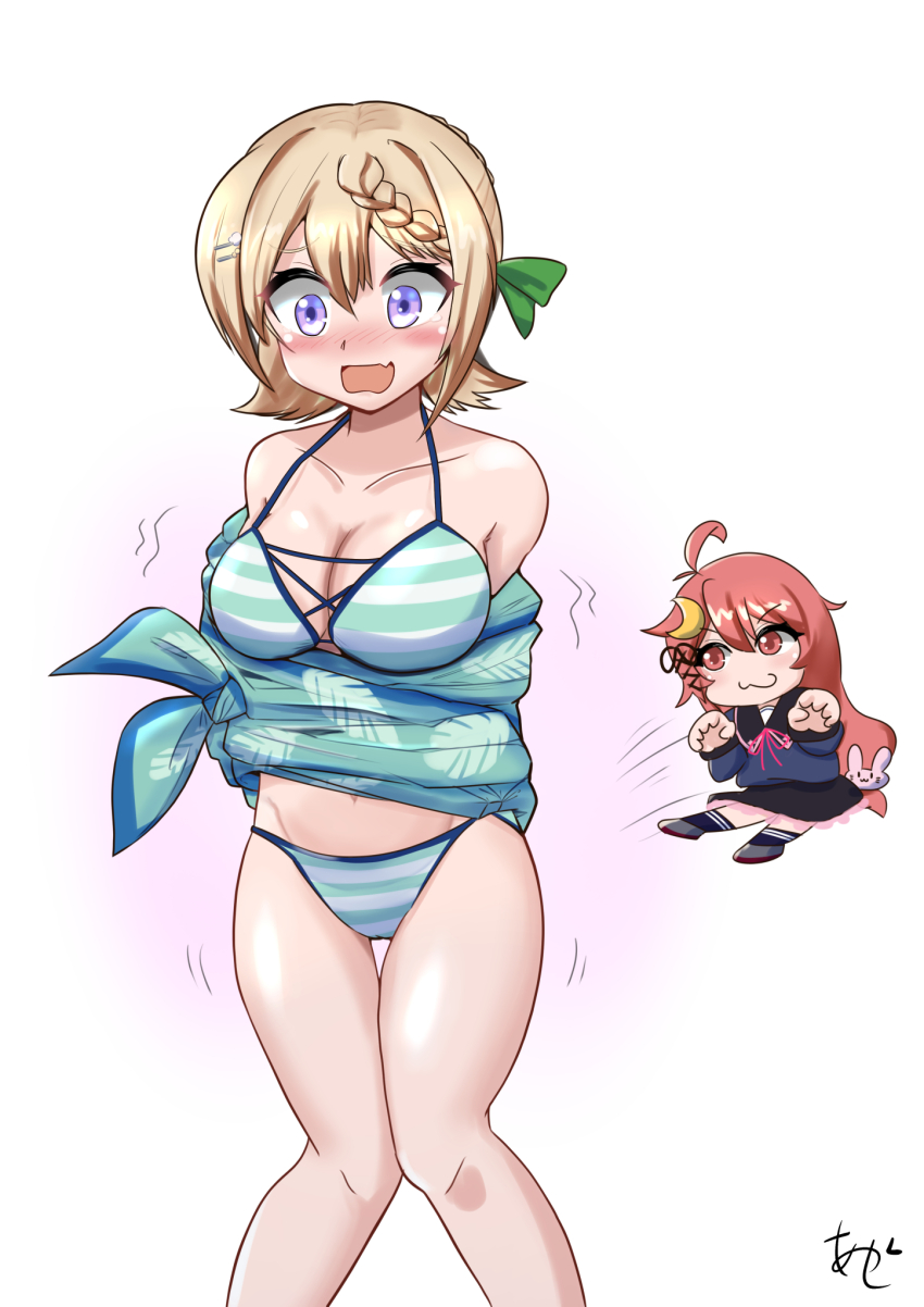 2girls akashieru artist_name bikini blonde_hair blush bound braid braided_bun feet_out_of_frame green_sarong hair_bun highres kantai_collection leaf_print long_hair multiple_girls nose_blush official_alternate_costume perth_(kancolle) perth_(swimsuit)_(kancolle) purple_eyes sarong simple_background solo_focus striped_bikini striped_clothes swimsuit tied_up_(nonsexual) uzuki_(kancolle) white_background