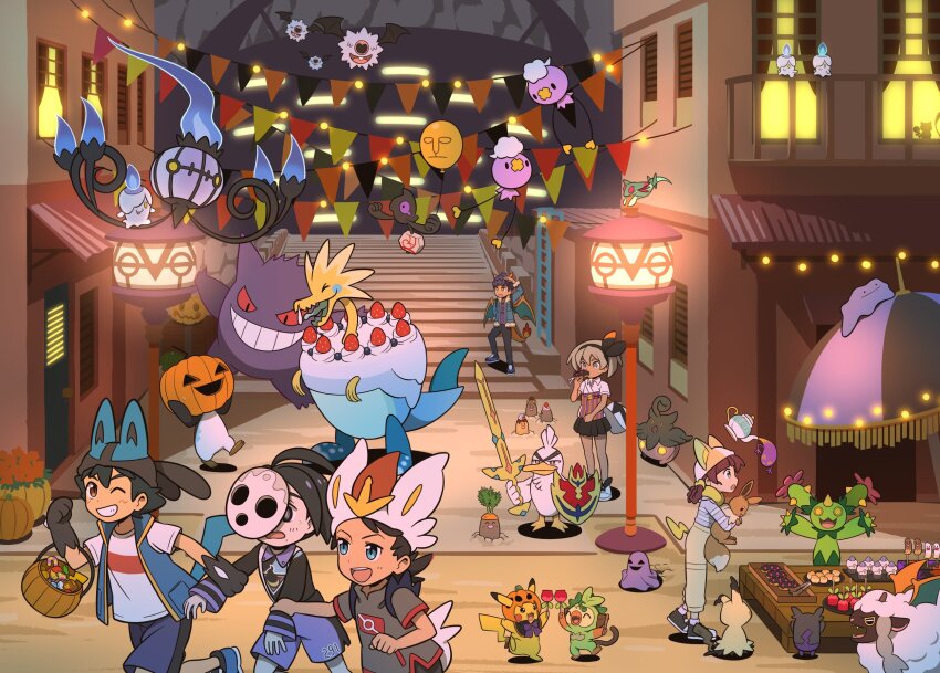 2girls 4boys :d ahoge allister_(pokemon) arctozolt ash_ketchum bea_(pokemon) black_hair black_shirt blue_eyes blue_vest building chandelure chloe_(pokemon) chloe_(princess_connect!) commentary cosplay diglett ditto dreepy drifloon eating eevee eiscue food galarian_form galarian_yamask gen_1_pokemon gen_4_pokemon gen_5_pokemon gen_6_pokemon gen_7_pokemon gen_8_pokemon gengar goh_(pokemon) grey_shirt grin grookey halloween highres holding holding_pokemon hop_(pokemon) lamppost litwick long_sleeves maractus mask mask_on_head mimikyu morpeko morpeko_(hangry) multiple_boys multiple_girls nintendo one_eye_closed open_clothes open_mouth open_vest pants pikachu pleated_skirt pokemon pokemon_(anime) pokemon_(creature) pokemon_journeys polteageist pumpkaboo pumpkin shirt shoes short_sleeves shorts shuan_0420 sirfetch&#039;d skirt smile stairs standing symbol-only_commentary t-shirt teeth tongs vest white_shirt woobat wooloo
