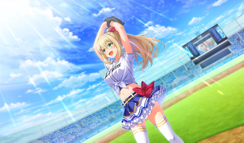 1girl :d arms_up baseball_glove baseball_stadium belt blonde_hair blue_sky blue_undershirt blurry bow cinderella_series cloud cloudy_sky depth_of_field dutch_angle frilled_skirt frills game_cg green_eyes hachigatsu_no_cinderella_nine hair_bow high_ponytail highres light_particles light_rays long_hair looking_ahead navel nippon_professional_baseball non-web_source nozaki_yuuki official_art open_mouth outdoors pitching ponytail red_bow saitama_seibu_lions screen_zoom shirt shirt_under_shirt short_sleeves skirt sky smile sunbeam sunlight thighhighs tied_shirt white_shirt white_thighhighs