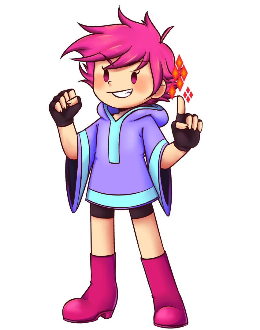 1girl boots claus_claws dress full_body highres hood hooded_dress hoodie kumatora looking_at_viewer mother_(series) mother_3 nintendo pink_boots pink_eyebrows pink_hair shirt short_hair simple_background smile solo white_background