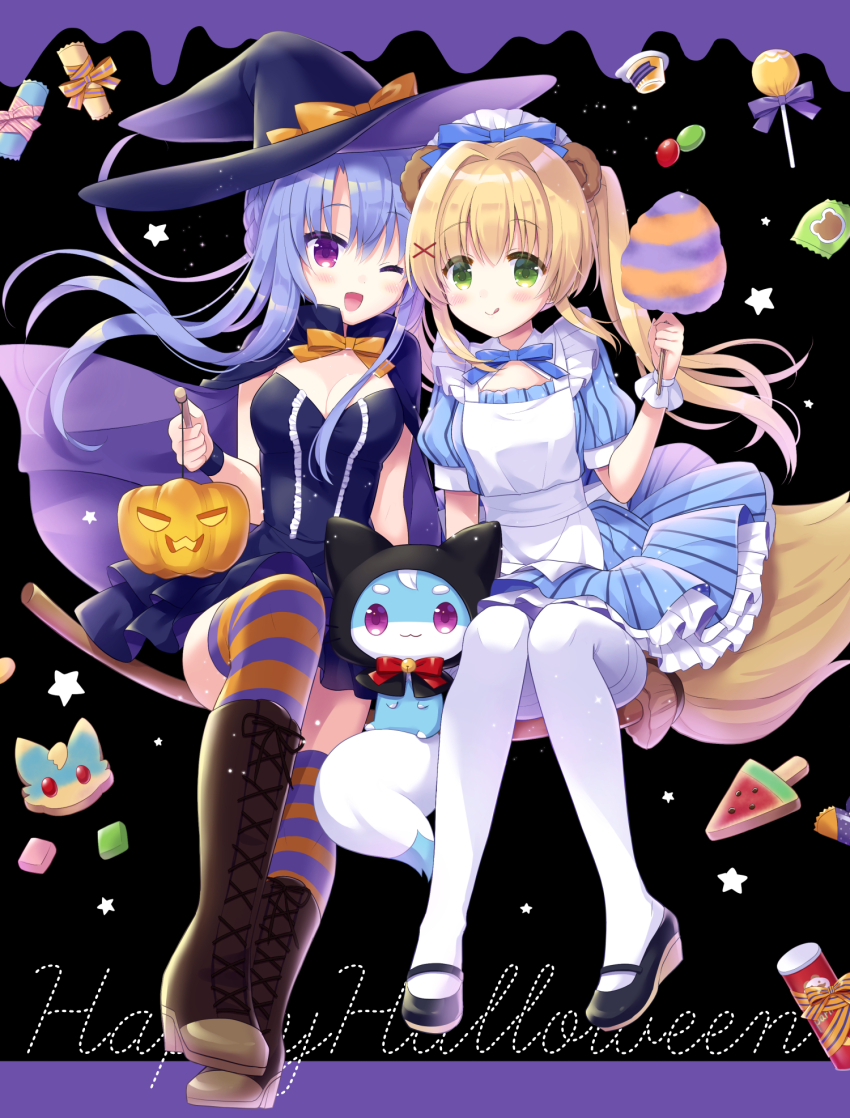 2girls :q ;d alternate_costume animal_ears apron arm_at_side bear_ears bell black_background black_cloak black_dress black_footwear black_headwear blonde_hair blue_dress blue_hair blue_ribbon blush boots bow braid breasts broom broom_riding brown_footwear candy character_print cleavage cloak closed_mouth colored_eyelashes commentary_request convenient_leg cookie cotton_candy cross-laced_footwear crown_braid curvy dress enmaided eyes_visible_through_hair fake_animal_ears floating_clothes floating_hair food frilled_dress frills full_body green_eyes hair_between_eyes hair_intakes hair_ornament hair_ribbon halloween halloween_costume hand_up happy happy_halloween hat hat_bow heads_together highres holding holding_cotton_candy holding_food holding_pumpkin holding_vegetable hoshimame_mana inari_(summer_pockets) jack-o&#039;-lantern jingle_bell knee_up knees_together_feet_apart lollipop long_hair looking_at_viewer maid maid_apron maid_headdress mary_janes medium_breasts multiple_girls neck_bell neck_ribbon one_eye_closed open_mouth orange_bow orange_ribbon pantyhose popsicle pringles_can puffy_short_sleeves puffy_sleeves pumpkin purple_eyes ribbon shoes short_dress short_sleeves side-by-side simple_background sitting smile sorakado_ao star_(symbol) strapless strapless_dress striped_clothes striped_thighhighs summer_pockets thighband_pantyhose thighhighs tongue tongue_out tsumugi_wenders vegetable watermelon_bar white_apron white_pantyhose witch_hat x_hair_ornament zettai_ryouiki