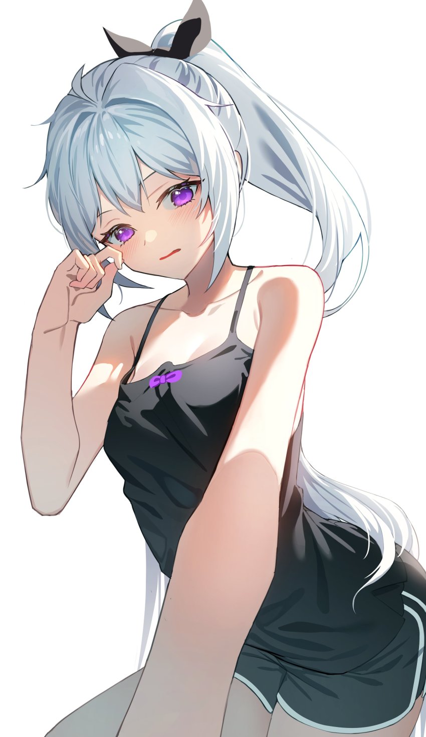 absurdres black_camisole black_shorts camisole darker_than_black hair_ribbon highres huu_(dighapdlxm12) looking_at_viewer open_mouth pink_eyes ponytail ribbon shorts white_background white_hair wince yin_(darker_than_black)