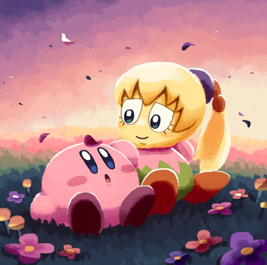 :o aruco_co blonde_hair blue_eyes blush blush_stickers closed_mouth eyelashes falling_petals flower fumu_(kirby) gradient_sky grass green_eyes highres kirby kirby:_right_back_at_ya! kirby_(series) long_hair looking_at_another looking_to_the_side nintendo on_grass open_mouth outdoors petal_on_head petals pink_flower ponytail purple_flower red_flower sitting sky sunset