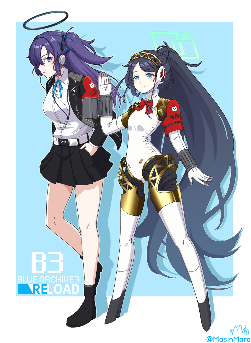 2girls absurdres aigis_(persona) aigis_(persona)_(cosplay) alternate_costume alternate_hairstyle android aris_(blue_archive) armband belt black_footwear black_hair black_jacket black_skirt blazer blue_archive blue_bow blue_bowtie blue_eyes bow bowtie collared_shirt commentary cosplay digital_media_player digital_walkman english_commentary gloves hair_between_eyes hair_ornament halo hand_in_pocket headphones highres jacket leotard long_bangs long_hair long_sleeves looking_at_another looking_at_viewer majinmallow multiple_girls open_clothes open_jacket parted_bangs persona persona_3 persona_3_reload pleated_skirt ponytail purple_eyes purple_hair red_armband school_uniform shirt shoes sidelocks simple_background skirt smile standing standing_on_one_leg thighhighs triangle_hair_ornament two_side_up walkman_nw-s203f white_gloves white_leotard white_shirt white_thighhighs yuuka_(blue_archive) yuuki_makoto_(persona_3) yuuki_makoto_(persona_3)_(cosplay)