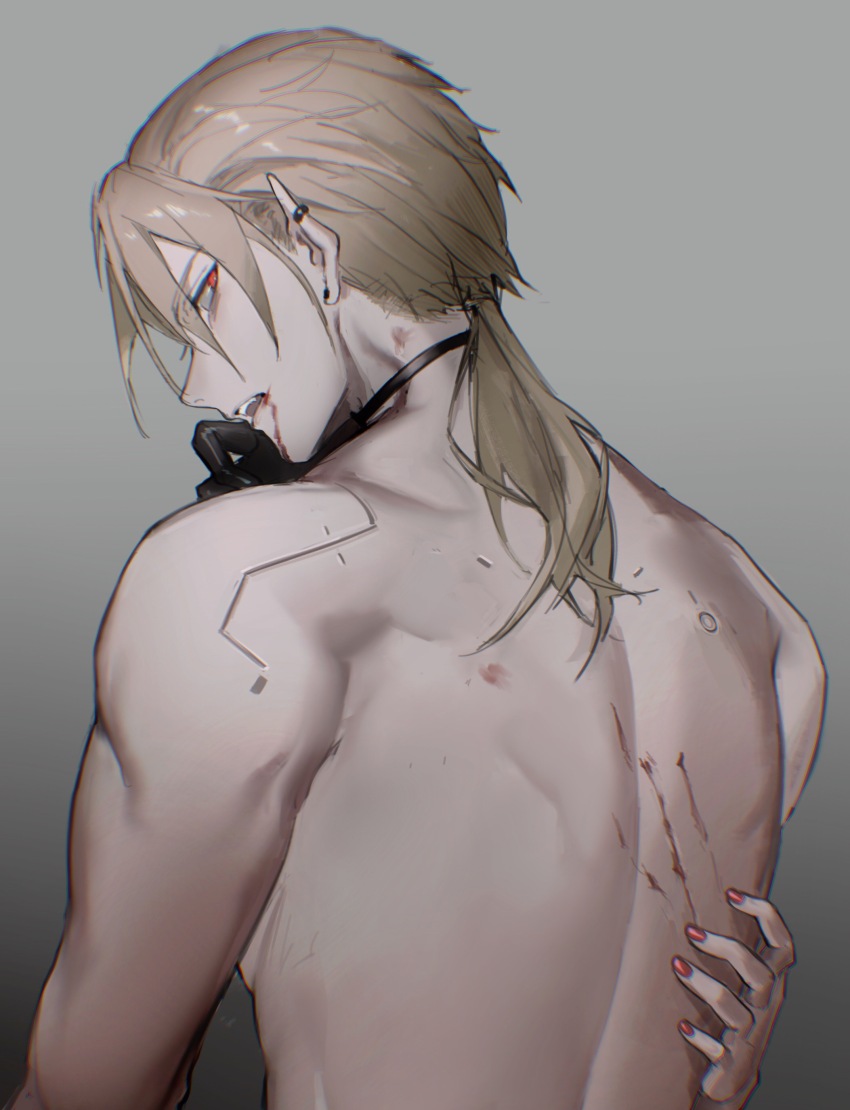 1boy 1other absurdres abyssstarburst ambiguous_gender back black_gloves blonde_hair blood blood_from_mouth blood_on_back blood_on_face chinese_commentary chrome:_glory_(nosferatu)_(pgr) chrome:_glory_(pgr) chrome_(pgr) commentary earrings from_behind gloves highres jewelry looking_at_viewer looking_back low_ponytail male_focus median_furrow medium_hair nail_polish official_alternate_costume pointy_ears ponytail punishing:_gray_raven red_eyes red_nails scratches scratching_back seams solo_focus stud_earrings toned toned_male topless_male upper_body vampire wiping_mouth