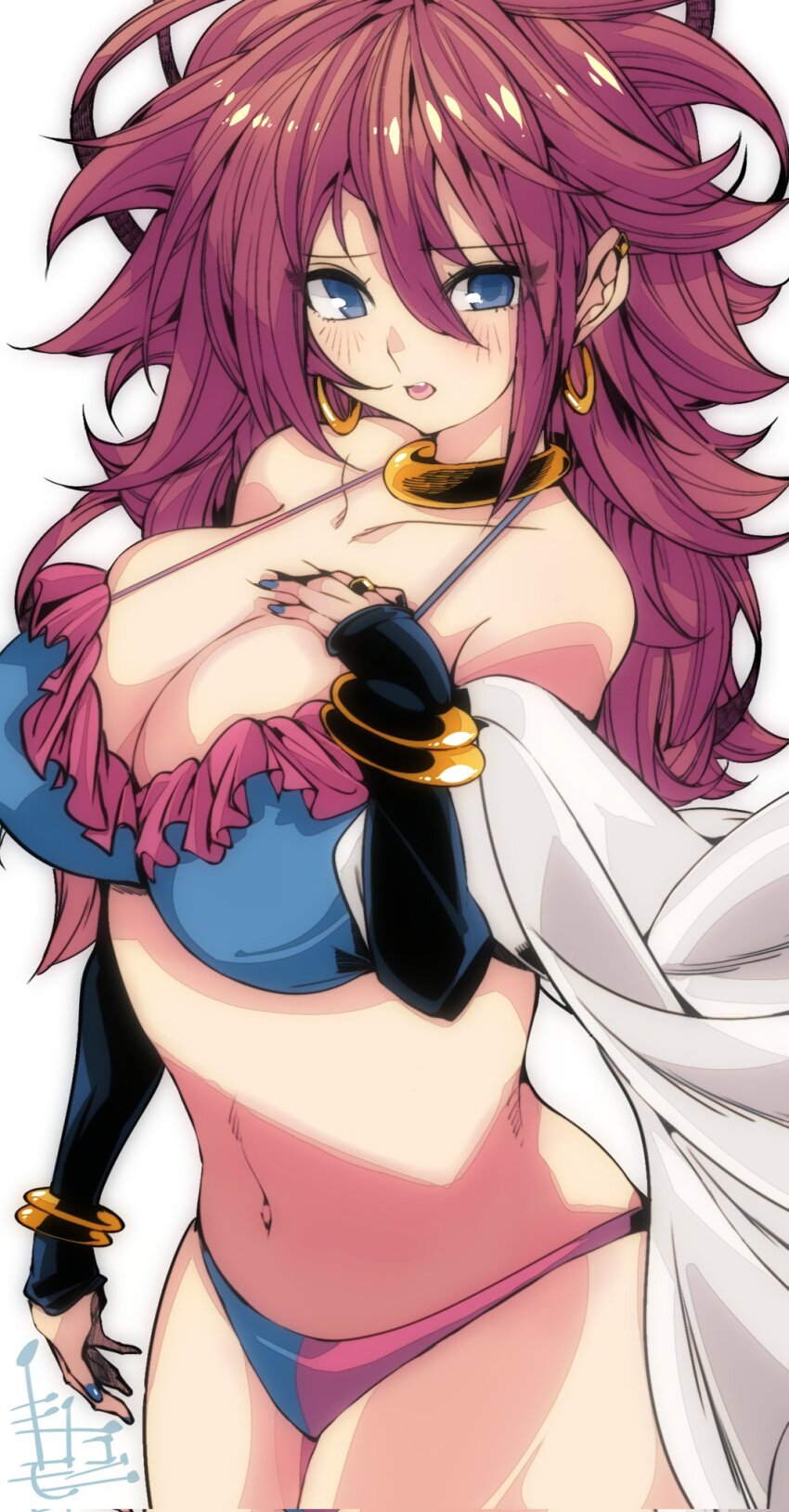 1girl android android_21 arc_system_works bare_shoulders bikini blue_eyes blue_nail_polish blue_nails bracelet breast_hold breasts brown_hair cleavage coat collarbone dragon_ball dragon_ball_fighterz ear_piercing earrings elbow_gloves female_focus flustered gloves gold_bracelet gold_earrings hair_between_eyes highres holding holding_coat holding_unworn_clothes hoop_earrings jewelry kinakomochi_(user_vedc2333) lab_coat large_breasts long_hair looking_at_viewer multicolored_bikini multicolored_swimsuit nail_polish navel open_mouth piercing ring signature solo stomach swimsuit teeth thick_thighs thighs tongue unworn_coat upper_teeth_only white_background