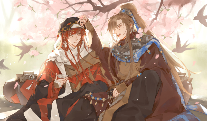 2boys bird bishounen black_hat branch brown_hair cherry_blossoms chinese_clothes chinese_commentary closed_eyes cup earrings falling_petals feng_xiaoyao flower hanfu hat highres holding holding_cup jar jewelry jinguang_budaixi long_hair long_sleeves looking_at_another male_focus multiple_boys open_mouth outdoors petals ponytail red_hair scarf sitting smile tree wide_sleeves wuqing_zangyue yaoi yellow_eyes zhao_yi