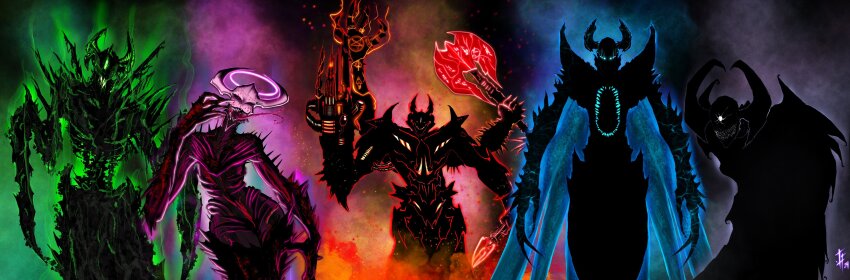 2girls 3boys absurdres armor artist_logo artist_name axe battle_axe blue_theme boomshootart chaos_(warhammer) chaos_god commentary crazy_grin crossover decay decaying_skin demon demon_girl demon_horns disease divine_entity doom_(2016) doom_(series) english_commentary evil_grin evil_smile extra_arms extra_eyes green_theme grin heresy highres holding holding_axe holding_weapon horns khorne logo looking_at_viewer malice_(warhammer) multiple_boys multiple_girls nurgle one-eyed open_mouth pauldrons pink_theme red_theme shoulder_armor side-by-side silhouette slaanesh smile spiked_arm spikes teeth tzeentch warhammer_40k weapon white_theme wings