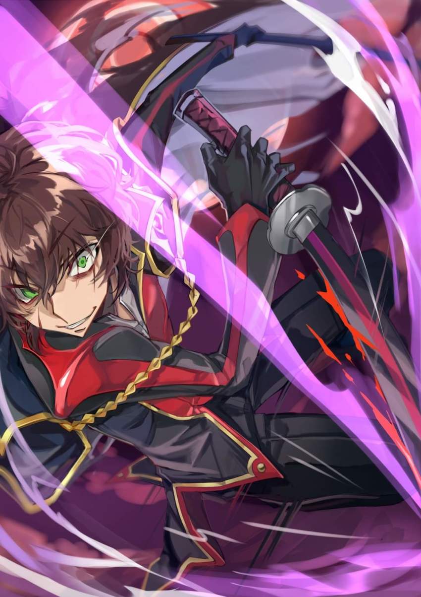 &gt;:) 1boy black_gloves black_jacket black_pants brown_hair code_geass code_geass:_genesic_re;code gloves green_eyes highres holding holding_sword holding_weapon incoming_attack jacket katana kururugi_suzaku looking_at_viewer male_focus pants scar scar_on_face short_hair solo sword togisuaka v-shaped_eyebrows weapon