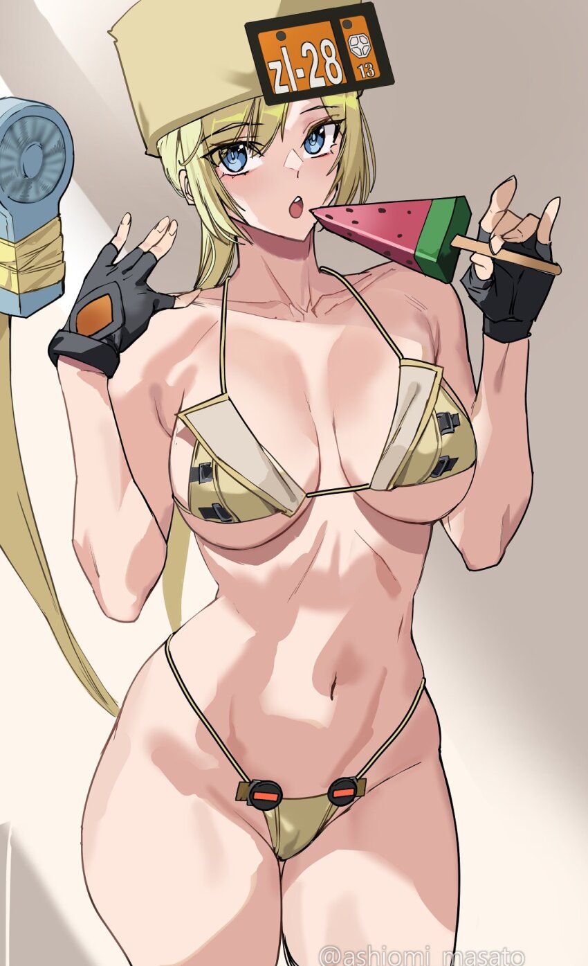 1girl ashiomi_masato bare_shoulders bikini blonde_hair blue_eyes breasts cleavage collarbone fingerless_gloves food fur_hat gloves groin guilty_gear guilty_gear_strive handheld_electric_fan hat highres long_hair looking_at_viewer medium_breasts millia_rage navel popsicle prehensile_hair solo swimsuit thighs ushanka very_long_hair watermelon_bar yellow_bikini