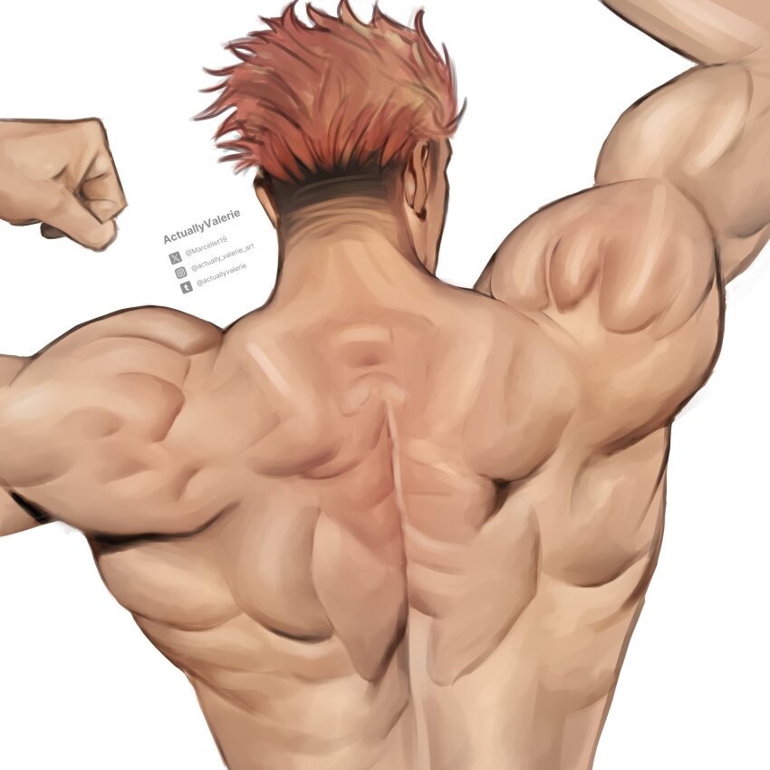 1boy absurdres back bara brown_hair highres instagram_logo instagram_username jujutsu_kaisen male_focus marcellet19 muscular muscular_male ryoumen_sukuna_(jujutsu_kaisen) short_hair simple_background solo tumblr_logo tumblr_username twitter_logo twitter_username undercut upper_body variant_set white_background