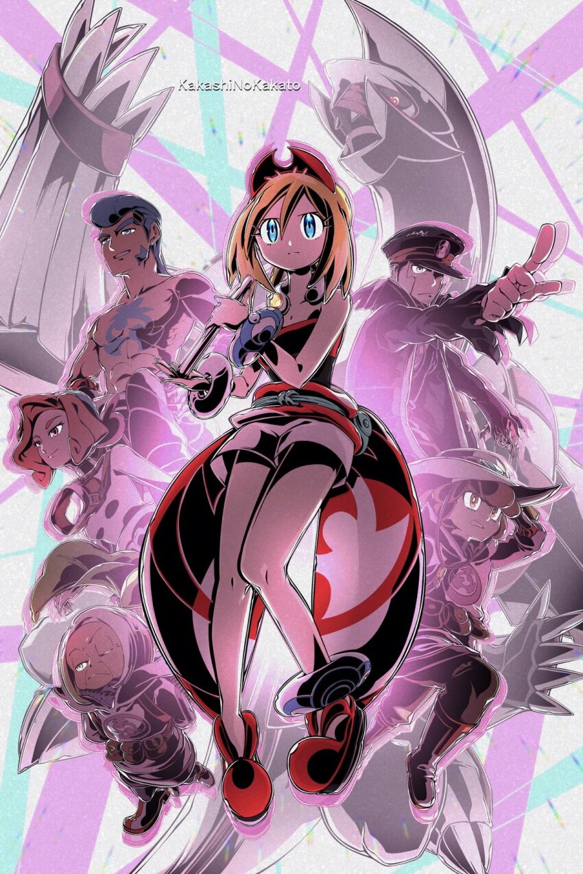 3boys 3girls abs armband arms_behind_back bag bare_pectorals bare_shoulders belt black_coat black_hat black_pants black_undershirt blonde_hair blue_eyes blue_hair bob_cut bracelet brown_eyes brown_hair calaba_(pokemon) celestica_flute chest_hair claws closed_mouth coat cowboy_hat diamond_(gemstone) diving_mask dragon facial_hair frown gaeric_(pokemon) gem gen_4_pokemon goatee goggles grey_eyes grey_hair hairband hand_on_own_hat hands_on_own_hips hat headband highres holding ingo_(pokemon) irida_(pokemon) jewelry kakashino_kakato leaf legendary_pokemon lian_(pokemon) mullet multiple_boys multiple_girls muscular muscular_male nintendo obi old old_woman one_eye_closed one_eye_covered palina_(pokemon) palkia pants pearl_(gemstone) pearl_clan_outfit pectorals pink_eyes pointing pokemon pokemon_(creature) pokemon_legends:_arceus pompadour red_eyes sash satchel sideburns smile thick_eyebrows torn_clothes torn_coat turtleneck white_background white_hat white_pants