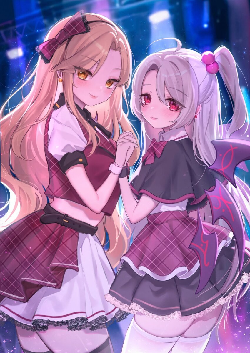 2girls alternate_costume belt black_capelet black_hairband black_skirt black_thighhighs blonde_hair bow capelet closed_mouth collared_shirt commentary commission earrings frilled_bow frills hair_between_eyes hair_bobbles hair_ornament hairband highres holding_hands interlocked_fingers jewelry layered_skirt long_hair looking_at_viewer midriff miniskirt multiple_girls multiple_wings one_side_up parted_bangs plaid_bow plaid_clothes plaid_skirt qiu_ju red_bow red_eyes red_skirt red_vest shinki_(touhou) shirt skindentation skirt smile stage_lights thighhighs touhou touhou_(pc-98) very_long_hair vest white_shirt white_thighhighs wings wrist_cuffs yellow_eyes yumeko_(touhou)