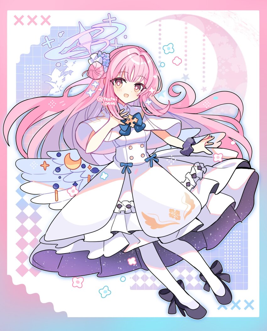 1girl :d black_shoes blue_archive blue_border blue_bow blue_bowtie blush border bow bowtie bright_pupils capelet commentary dot_nose dress feathered_wings full_body gradient_border hair_bun halo hand_up high_heels highres long_hair looking_at_viewer mika_(blue_archive) open_mouth outline pantyhose pink_border pink_hair pink_halo purple_scrunchie scrunchie shirocha_tei shoes smile solo twitter_username white_capelet white_dress white_outline white_pantyhose white_pupils white_wings wings wrist_scrunchie yellow_eyes