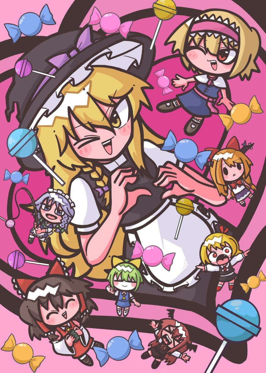 6+girls alice_margatroid apron black_hat black_skirt black_vest blonde_hair blue_skirt blue_vest blush bow braid brown_hair candy chibi chibi_inset commentary_request cookie_(touhou) daiyousei detached_sleeves diyusi_(cookie) fang fishing_rod food frilled_apron frilled_bow frilled_hair_tubes frilled_hat frills full_body genpatsu_(cookie) green_bow green_hair grey_eyes grey_hair hair_bow hair_tubes hairband hakurei_reimu hat hat_bow heart heart_background heart_hands highres hinase_(cookie) holding holding_fishing_rod ibuki_suika izayoi_sakuya kirisame_marisa koakuma lollipop long_hair looking_at_viewer maid maid_headdress multiple_girls nadeko_(cookie) neckerchief one_eye_closed open_mouth pink_background pink_hairband pink_neckerchief pink_sash puffy_short_sleeves puffy_sleeves purple_bow red_bow red_eyes reu_(cookie) rumia sash shirt short_sleeves side_braid single_braid skirt skirt_set smile solid_oval_eyes swirl_lollipop sznkrs touhou triangle_mouth turtleneck turtleneck_shirt uzuki_(cookie) vest waist_apron white_apron white_shirt white_sleeves witch_hat wrapped_candy yamin_(cookie) yellow_eyes yuzuyu_(cookie)