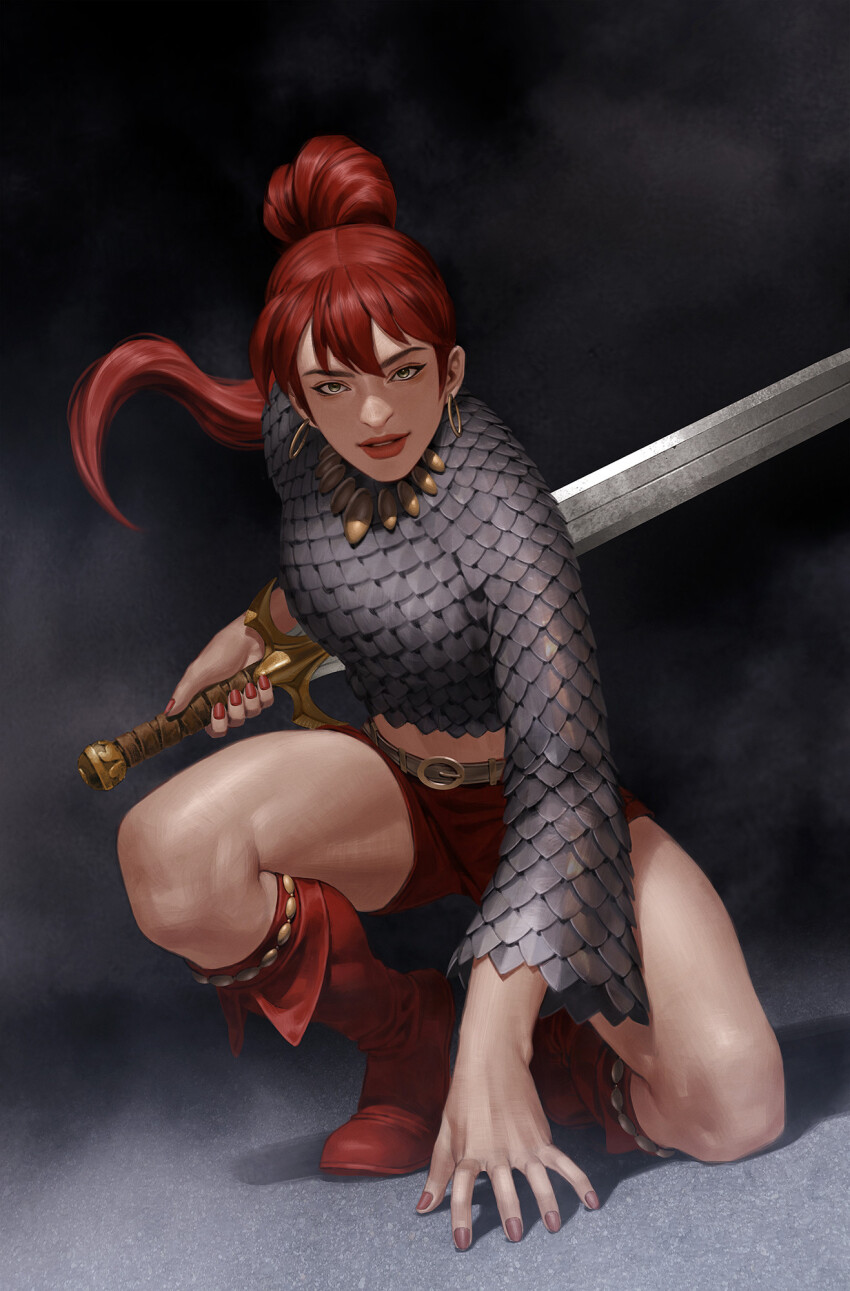 1girl armor boots earrings green_eyes highres holding holding_sword holding_weapon hoop_earrings jewelry long_hair looking_at_viewer ponytail red_boots red_hair red_nails red_shorts red_sonja red_sonja_(comics) reverse_grip scale_armor short_shorts shorts solo squatting sword weapon yoon_junggeun