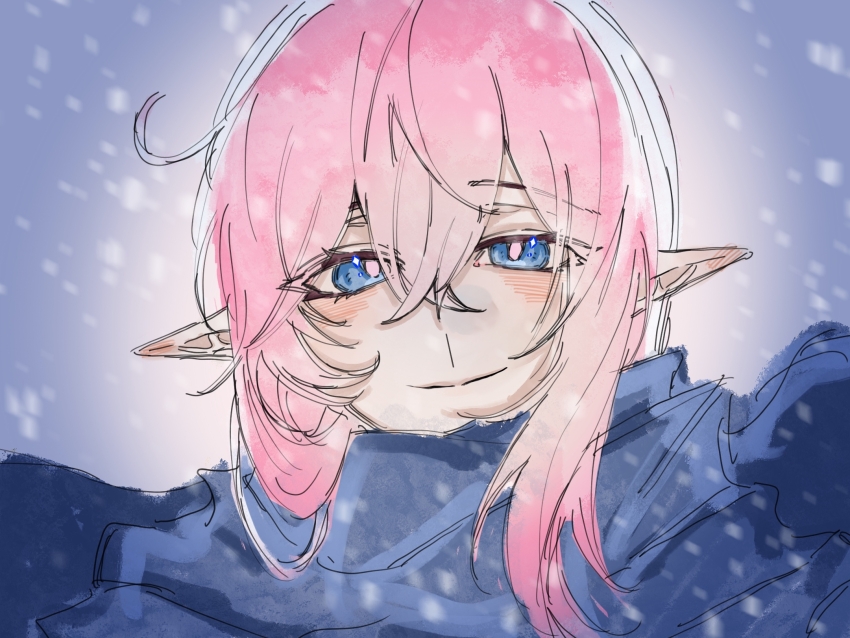 1girl blue_eyes blue_sweater chinese_commentary commentary_request dai3844152 elf elysia_(honkai_impact) highres honkai_(series) honkai_impact_3rd long_hair looking_at_viewer pink_hair pink_pupils pointy_ears pov smile snowing solo sweater turtleneck turtleneck_sweater upper_body