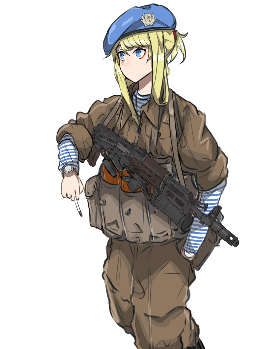 1girl absurdres ak-74 arsenal_ad assault_rifle bad_id bad_pixiv_id beret blonde_hair blue_eyes caseless_firearm cigarette fte_(fifteen_199) gp-25 grenade_launcher gun gun_sling hand_in_pocket hat highres izhmash kalashnikov_concern kalashnikov_rifle load_bearing_equipment military military_uniform naval_uniform original ponytail rifle shirt short_ponytail side_ponytail simple_background sketch soldier solo stc_delta striped_clothes striped_shirt telnyashka tskib_soo underbarrel_grenade_launcher walking watch weapon white_background wristwatch zastava_arms
