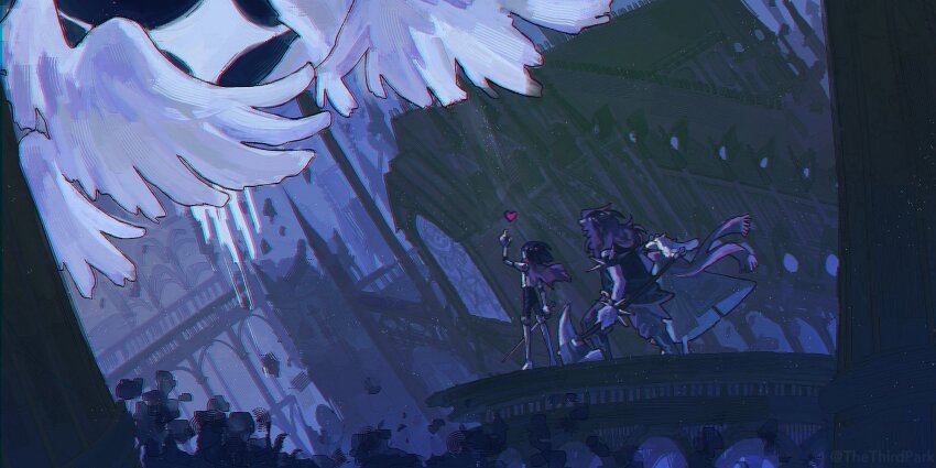 1boy 1girl 1other angel_wings arm_up cape castle deltarune eldritch_abomination goat_boy hammer hammer_of_justice heart highres holding holding_hammer kris_(dark_world)_(deltarune) kris_(deltarune) multiple_wings pointing ralsei reptile_girl scarf soul_(deltarune) susie_(dark_world)_(deltarune) susie_(deltarune) sword thethirdpark titan_(deltarune) utdr_(toby_fox) weapon wings wings_over_eyes