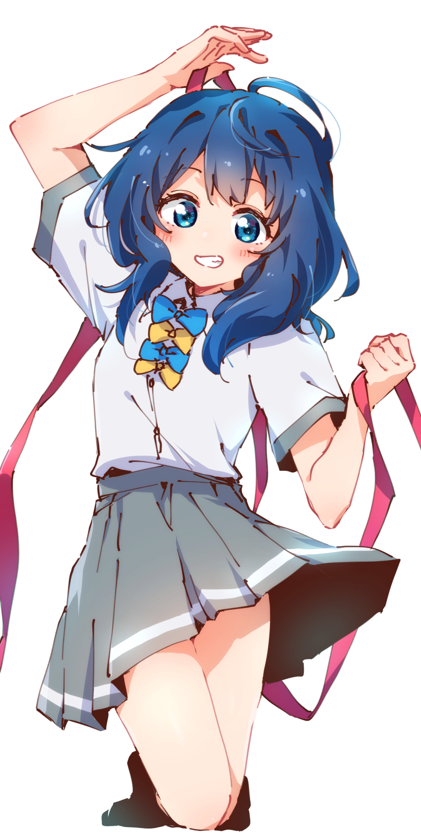 1girl absurdres ahoge arm_up black_socks blue_bow blue_eyes blue_hair bow full_body grey_skirt grin hand_up highres holding holding_ribbon looking_at_viewer make_heroine_ga_oo_sugiru! medium_hair nyaa_(nnekoron) pleated_skirt pose_request ribbon school_uniform shirt short_sleeves simple_background skirt smile socks solo white_background white_shirt yanami_anna yellow_bow
