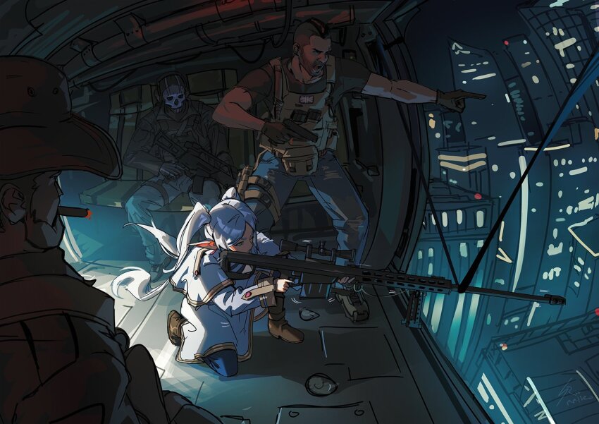 1girl 3boys aiming aircraft anti-materiel_rifle assault_rifle barrett_m82 black_gloves black_shirt blue_pants brown_hair call_of_duty call_of_duty:_modern_warfare_2 capelet captain_price city crossover dress frieren ghost_(modern_warfare_2) gloves gun h&amp;k_g36 handgun helicopter helicopter_interior holding holding_gun holding_weapon multiple_boys pants raikoart rifle scope shirt smoking sniper_rifle soap_(modern_warfare_2) sousou_no_frieren union_jack weapon white_capelet white_dress white_hair