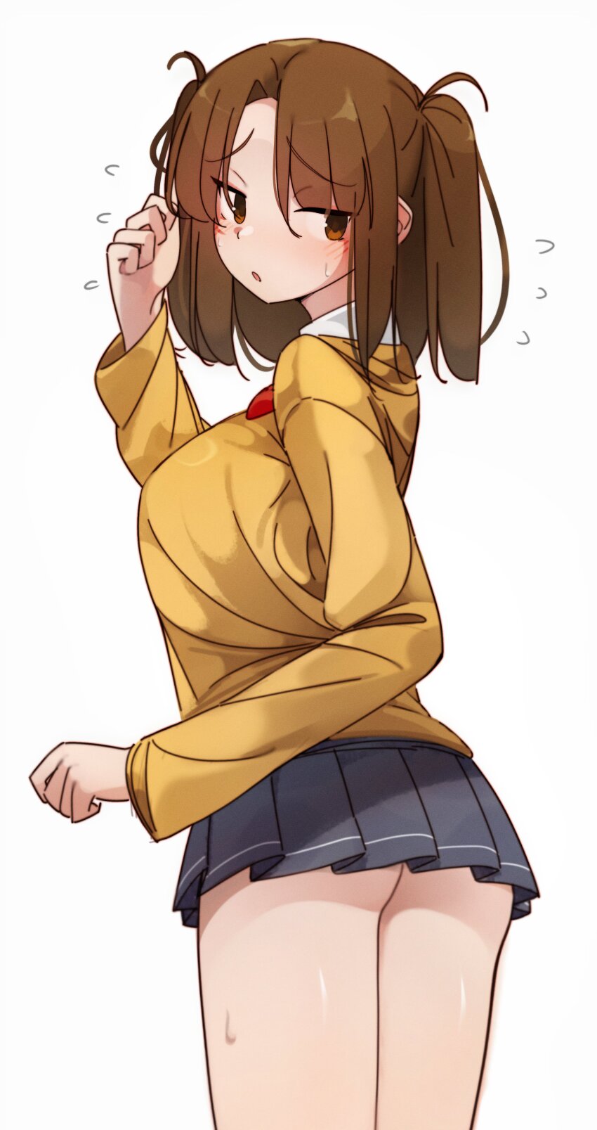 1girl absurdres ass blush bow bowtie breasts brown_eyes brown_hair collared_shirt deko_morii grey_skirt highres kneehighs long_sleeves looking_at_viewer looking_back medium_breasts parted_bangs shirt short_hair skirt socks solo sweater tsukihime two_side_up white_shirt yellow_sweater yumizuka_satsuki