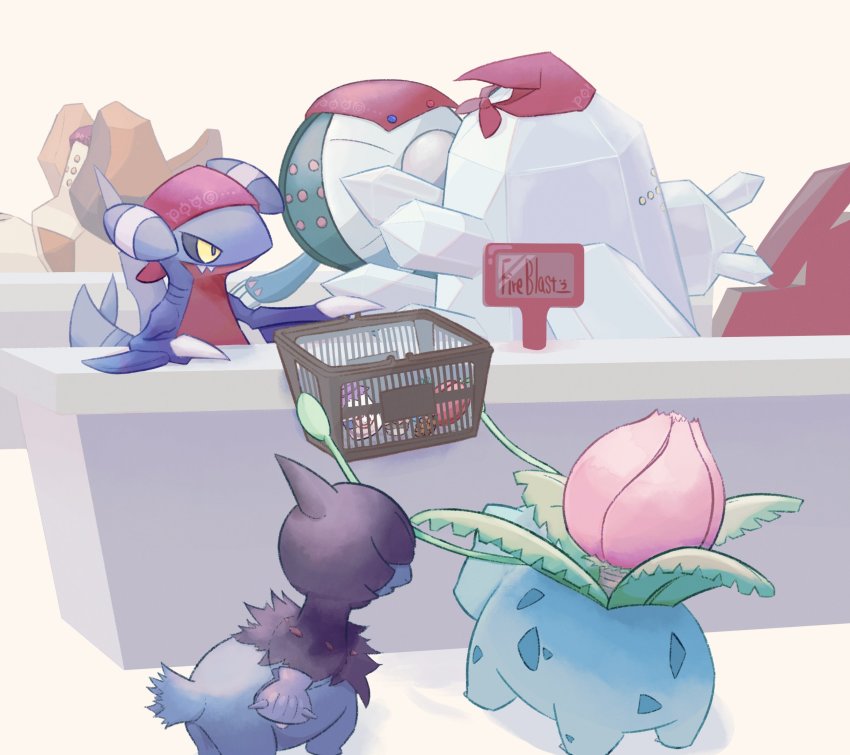 bag bottle cash_register claws creatures_(company) deino_(pokemon) fangs fireblast food gabite game_freak gen_1_pokemon gen_3_pokemon gen_4_pokemon gen_5_pokemon headscarf highres ivysaur legendary_pokemon nintendo no_humans pokemon pokemon_(creature) red_headscarf red_headwear regice regirock registeel shopping_basket signature simple_background tail yellow_eyes