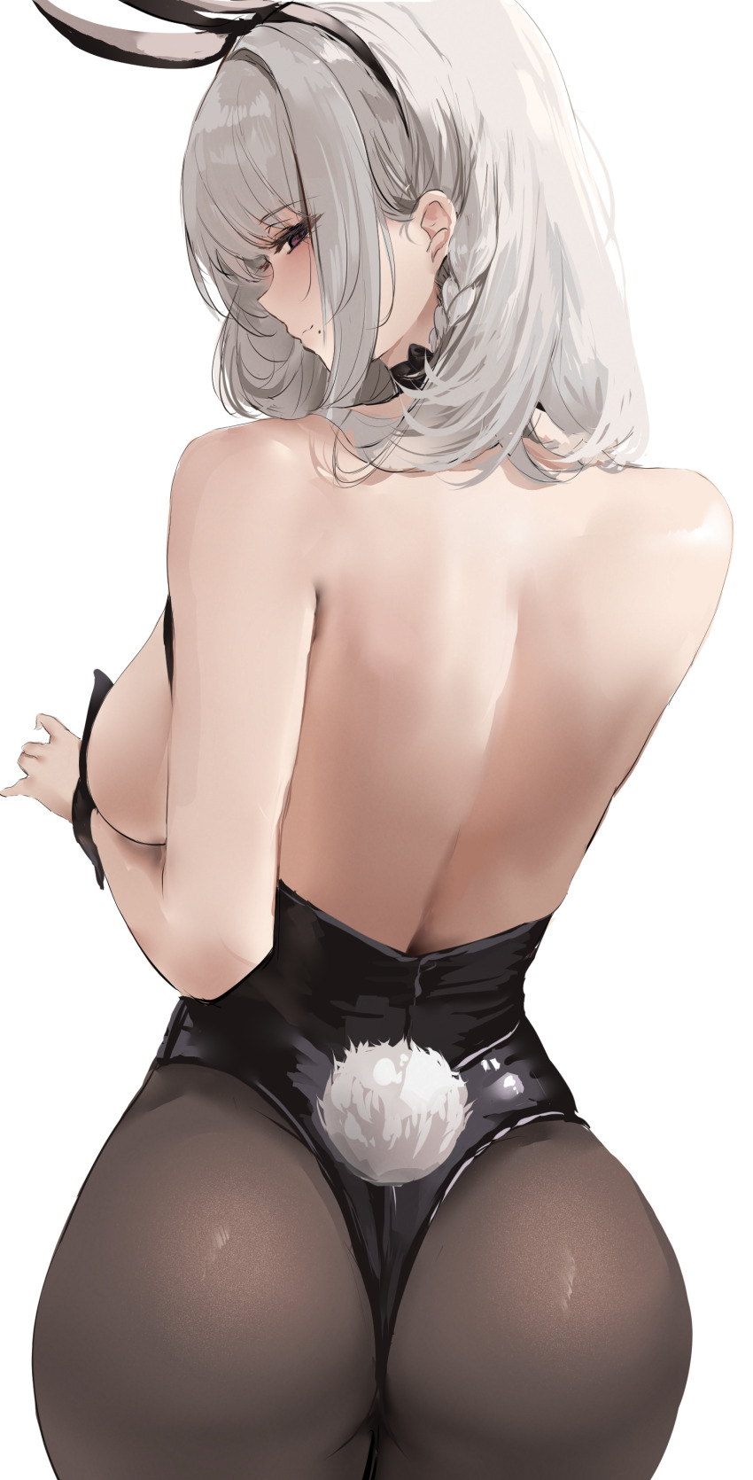 1girl absurdres animal_ears ass azur_lane back backless_leotard backless_outfit bare_back black_hairband black_leotard black_pantyhose blush closed_mouth commentary english_commentary fake_animal_ears fake_tail from_behind hair_ornament hairband highres leotard liaowen long_hair looking_at_viewer looking_back official_alternate_costume pantyhose purple_eyes rabbit_ears rabbit_tail san_jacinto_(azur_lane) san_jacinto_(flavor_of_the_day)_(azur_lane) simple_background smile solo tail white_hair