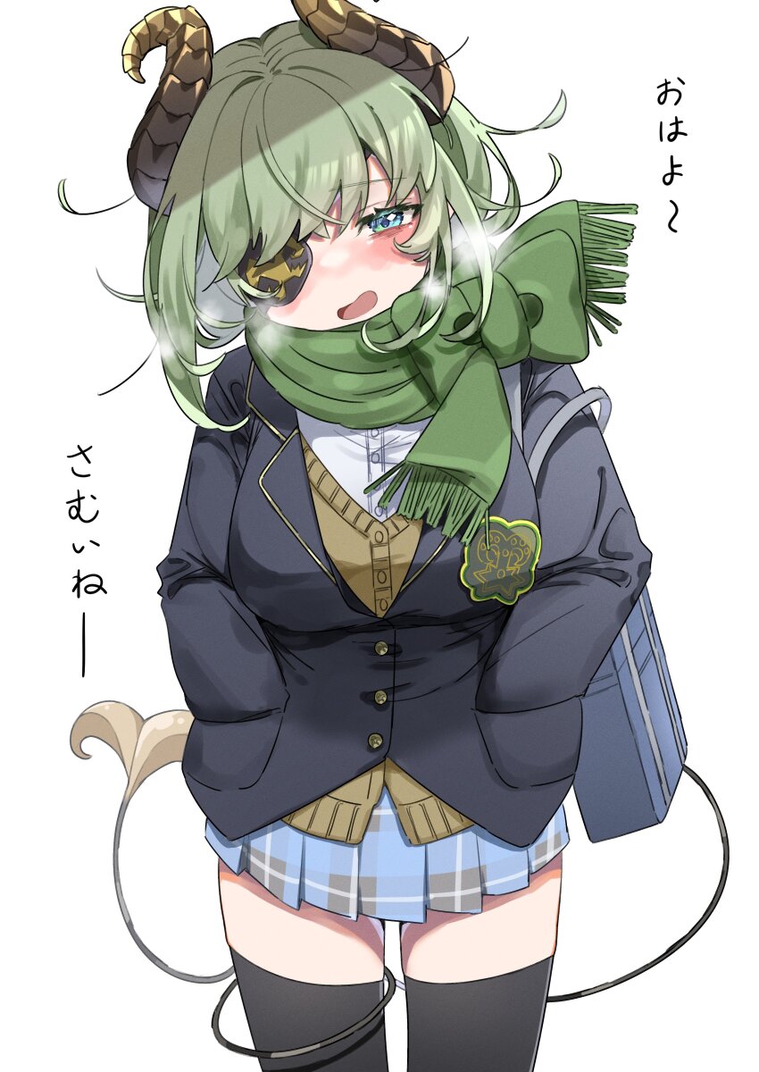 1girl absurdres bag black_jacket black_thighhighs blazer blue_bag blue_eyes blue_skirt blush breasts breath brown_cardigan brown_horns buttons cardigan commentary_request cowboy_shot curled_horns demon_girl demon_horns demon_tail eyepatch green_hair green_scarf hands_in_pockets head_tilt highres horns jacket large_breasts looking_at_viewer medium_hair miniskirt nanashi_inc. nose_blush open_mouth plaid_clothes plaid_skirt pleated_skirt scarf sekishiro_mico shirt simple_background skirt solo standing tail tail_around_own_leg tamotsu_(mary) thighhighs translation_request virtual_youtuber white_background white_shirt