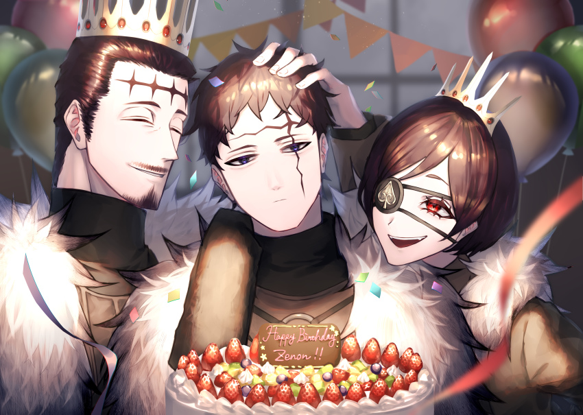 1girl 2boys :d ^_^ absurdres arm_around_shoulder balloon birthday black_clover black_hair black_shirt blue_eyes blurry blurry_background blurry_foreground cake character_name chest_strap closed_eyes coat confetti crown dante_zogratis depth_of_field english_text expressionless eyepatch facial_hair facial_mark food frit_2 fruit fur_coat fur_collar gem goatee green_eyes hair_behind_ear hair_slicked_back hand_in_another&#039;s_hair hand_on_another&#039;s_head happy_birthday head_on_another&#039;s_shoulder high_collar highres insignia long_bangs looking_at_another looking_at_viewer multiple_boys mustache o-ring open_mouth parted_bangs parted_lips party red_eyes red_gemstone shirt short_hair sideburns smile spade_(shape) strawberry streamers string_of_flags tiara vanica_zogratis zenon_zogratis