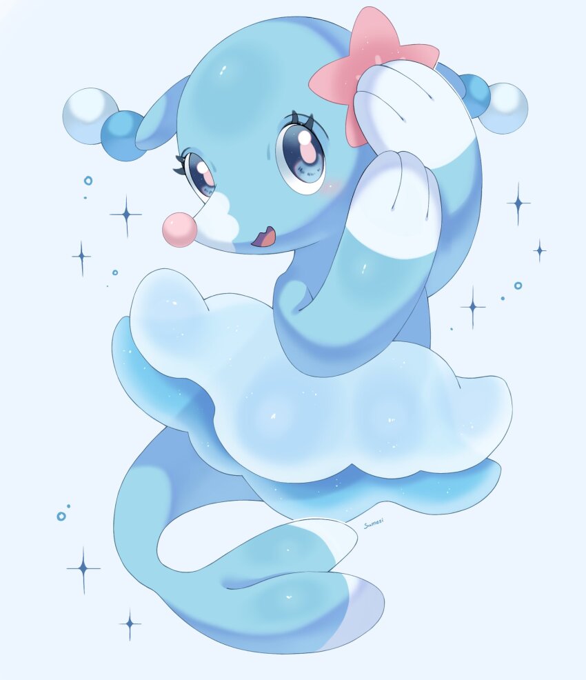 animal_focus blue_background blue_skin brionne colored_skin commentary_request eyelashes fang forked_tail gen_7_pokemon highres iwasi_29 nintendo no_humans open_mouth pokemon pokemon_(creature) sea_lion simple_background skin_fang snout sparkle tail
