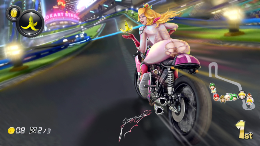 anus anus_cutout artist_request highres mario_(series) mario_kart mario_kart_8 nintendo princess_peach race_suit racetrack source_request torn_clothes