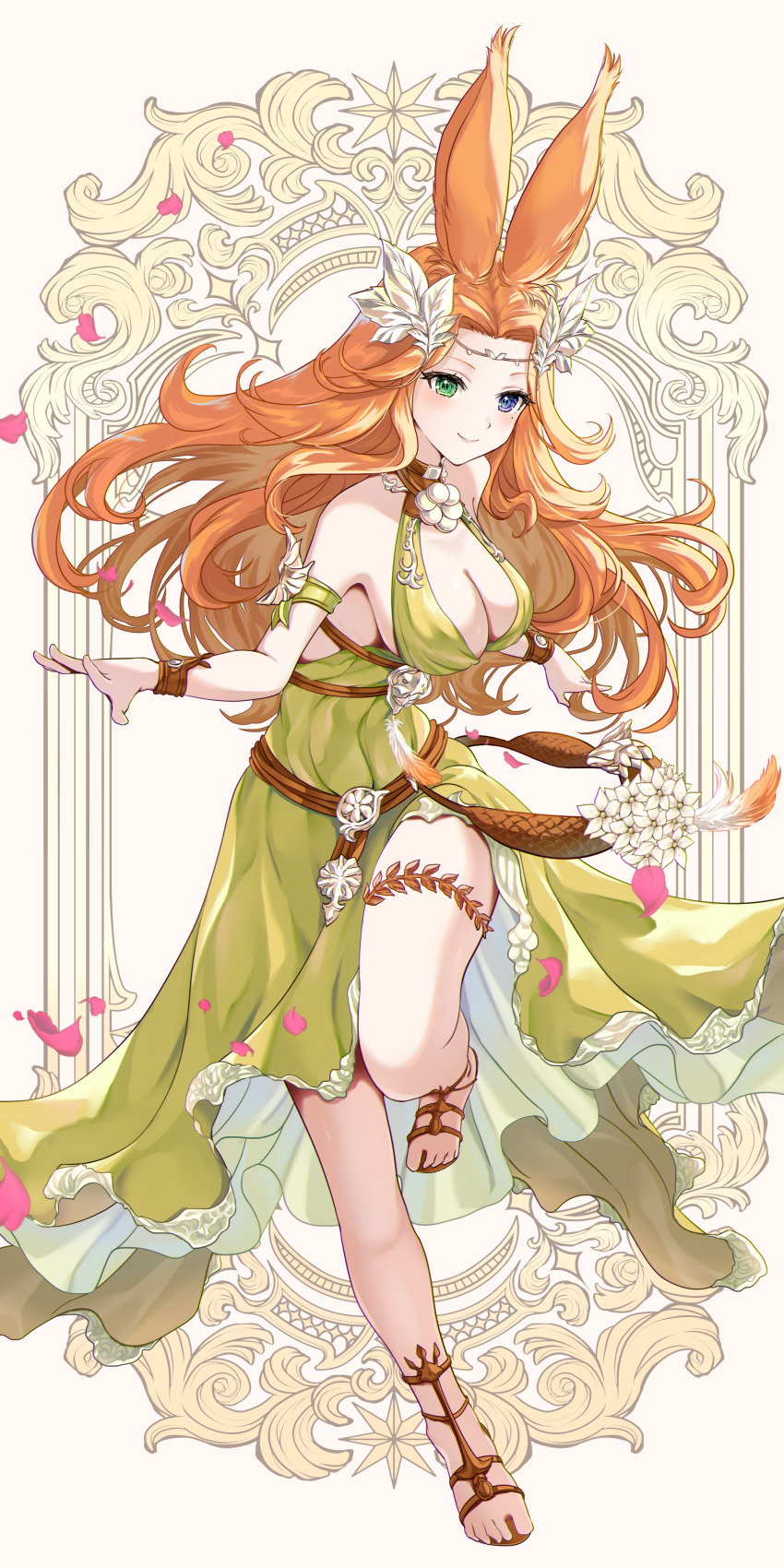 1girl absurdres animal_ears armlet armpits balancing blue_eyes bouncing_breasts bracelet breasts cleavage closed_mouth dress final_fantasy final_fantasy_xiv full_body green_dress green_eyes heterochromia highres jewelry kudoukudokudo large_breasts laurels light_blush lips long_hair looking_at_viewer mole mole_under_eye nophica orange_hair rabbit_ears sandals sideboob smile solo thigh_strap toes viera walking