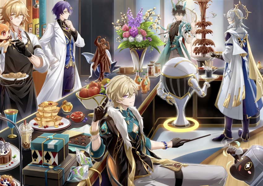 2others 5boys absurdres animal animal_on_shoulder apple apron aqua_horns aqua_shirt aventurine_(honkai:_star_rail) black_apron black_gloves black_hair black_jacket black_shirt blonde_hair blue_vest box box_of_chocolates bracelet bubble_tea buffet cake cat_teaser chalice chimera_(honkai:_star_rail) chocolate chocolate_fountain chocolate_statue closed_mouth coat collared_shirt commentary_request cookie critter_pick_(honkai:_star_rail) cup dan_heng_(honkai:_star_rail) dan_heng_(imbibitor_lunae)_(honkai:_star_rail) disposable_cup dr._ratio_(honkai:_star_rail) dragon_boy drinking_straw eastern_dragon_horns facial_tattoo fish_skeleton flower food fruit fur-trimmed_jacket fur_trim glasses gloves grey_hair grey_pants grin hair_between_eyes halo halo_behind_head hand_in_pocket hand_on_own_chin head_wings highres holding holding_cookie holding_food holding_plate holding_tray honey honkai:_star_rail honkai_(series) horns hydrokinesis jacket jewelry lab_coat long_sleeves looking_at_another looking_at_viewer male_focus medium_hair multiple_boys multiple_others mydei_(honkai:_star_rail) oak_cake_roll_(honkai:_star_rail) one_eye_closed pancake pancake_stack pants plate pomegranate purple_eyes purple_hair red_eyes red_tattoo robot semi-rimless_eyewear shirt short_hair shush_(honkai:_star_rail) sitting smile soda_bottle soulglad spade_cutout spiked_halo standing sunday_(honkai:_star_rail) sw_kika tattoo trailblazer_(honkai:_star_rail) trailblazer_(trash_cake)_(honkai:_star_rail) tray trick_snack_(honkai:_star_rail) trotter_(honkai:_star_rail) vase vest watch water white_coat white_shirt wings wooden_floor wristwatch yellow_eyes