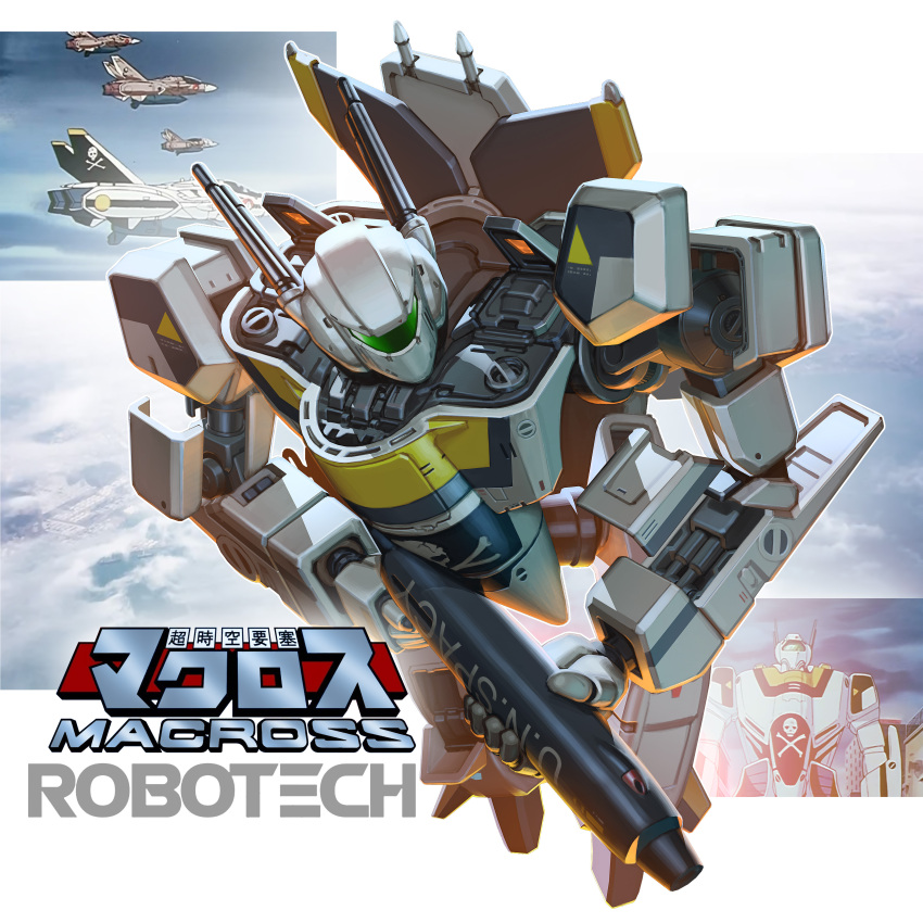 1980s_(style) absurdres battroid choujikuu_yousai_macross cloud commentary_request energy_cannon fleet flying gunpod highres jolly_roger machinery macross mecha mecha_focus oldschool original realistic redesign retro_artstyle robot robotech screencap title traditional_media u.n._spacy variable_fighter vf-1 vf-1a vf-1s xiao_duzi