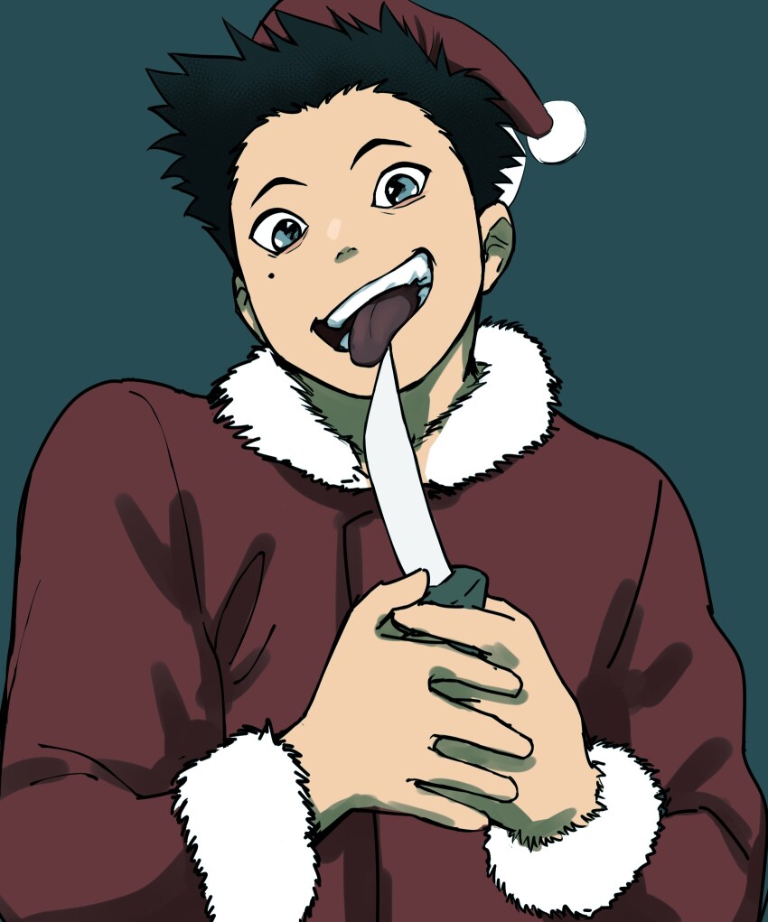1boy black_hair blue_background blue_eyes fur_trim hat highres holding holding_knife kanaty_12 knife licking licking_blade licking_weapon linda_cube looking_at_viewer male_focus mole mole_under_eye neku_(linda_cube) open_mouth santa_costume santa_hat short_hair simple_background smile solo spiked_hair tongue tongue_out weapon