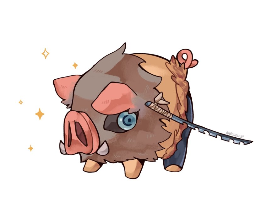 animal animal_focus artist_name bignewts blue_eyes blue_pants boar_mask commentary cosplay creatures_(company) game_freak hashibira_inosuke hashibira_inosuke_(cosplay) highres katana kimetsu_no_yaiba lechonk mask nintendo no_humans pants parody pokemon pokemon_(creature) simple_background solo sparkle standing sword twitter_username weapon white_background