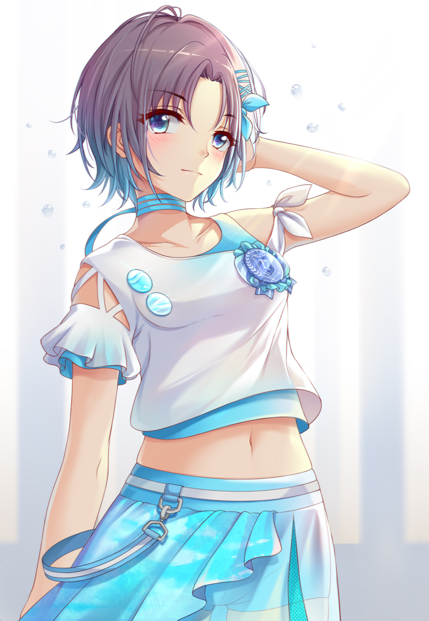 1girl agiri_(agiri_box) asakura_toru blue_bow blue_eyes blue_ribbon blue_shorts blush bow character_cutout choker closed_mouth collarbone cowboy_shot female_focus grey_hair hair_between_eyes hair_bow hair_intakes hand_in_own_hair highres idolmaster idolmaster_shiny_colors midriff navel overskirt ribbon ribbon_choker see-through_clothes shirt short_hair short_shorts short_sleeves shorts smile solo standing stomach white_background white_shirt