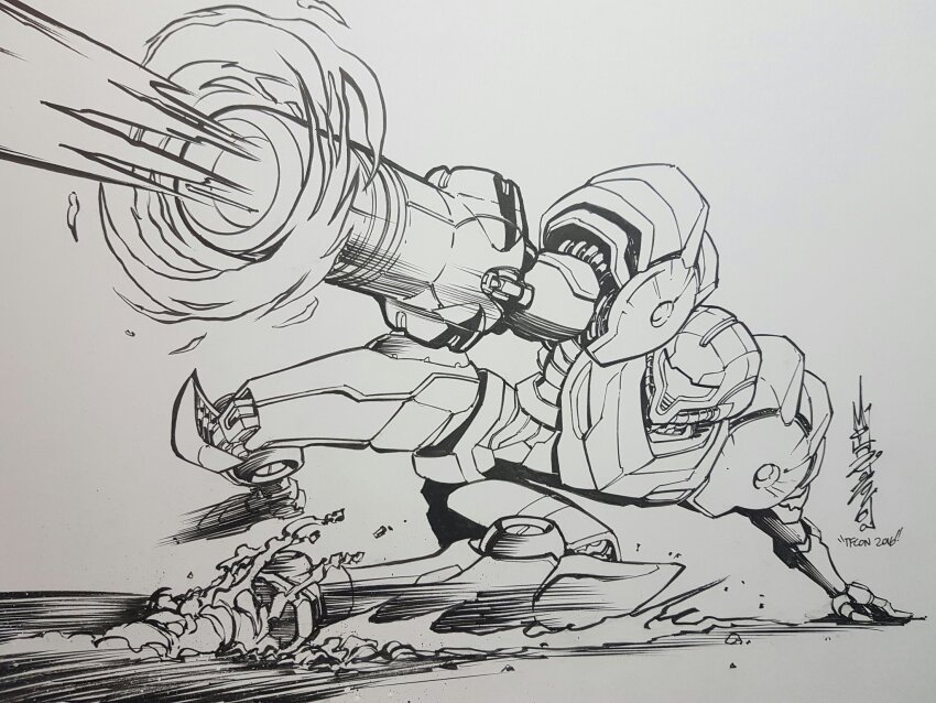 1girl alex_milne arm_cannon armor commentary commission english_commentary full_armor highres lineart metroid metroid_prime metroid_prime_1 nintendo normal_suit_(metroid) power_suit power_suit_(metroid) samus_aran shoulder_pads signature sliding solo varia_suit weapon