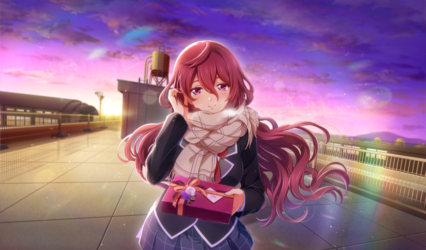 1girl black_jacket blurry bow bowtie box breath cinderella_series closed_mouth cloud cowboy_shot depth_of_field dutch_angle film_grain game_cg gift gift_box grey_skirt hachigatsu_no_cinderella_nine hair_between_eyes hand_in_own_hair highres holding holding_gift honjo_chikage incoming_gift jacket lens_flare light_particles long_hair long_sleeves looking_at_viewer non-web_source official_art on_rooftop plaid_clothes plaid_scarf plaid_skirt pleated_skirt purple_eyes purple_hair railing red_bow red_bowtie satogahama_school_uniform scarf school_uniform skirt sky smile solo standing valentine very_long_hair wavy_hair white_scarf winter winter_uniform