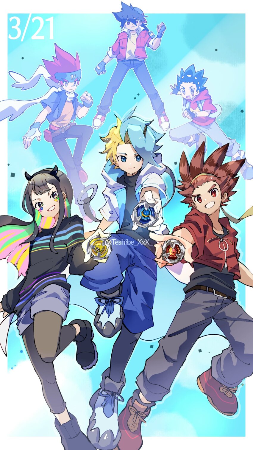 1girl 5boys bakuten_shoot_beyblade beyblade beyblade:_burst beyblade_(object) beyblade_x black_hair black_pants black_shirt blonde_hair blue_eyes blue_hair blue_pants blue_shorts brown_eyes character_request fake_horns full_body green_eyes group_picture highres holding hood hooded_jacket horns jacket kazami_bird kurosu_ekusu long_hair metal_fight_beyblade multicolored_hair multiple_boys nanairo_multi pants purple_hair red_hair red_jacket shirt short_hair shorts simple_background spiked_hair teshibe_xxx two-tone_hair white_background white_jacket