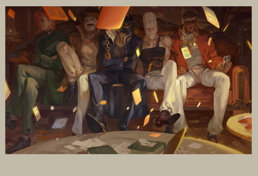 5boys beard black_hair card chain coin dark-skinned_male dark_skin earrings facial_hair gakuran grey_hair hat hunsay jean_pierre_polnareff jewelry jojo_no_kimyou_na_bouken joseph_joestar joseph_joestar_(old) kakyoin_noriaki kuujou_joutarou mohammed_avdol multiple_boys necklace red_hair school_uniform