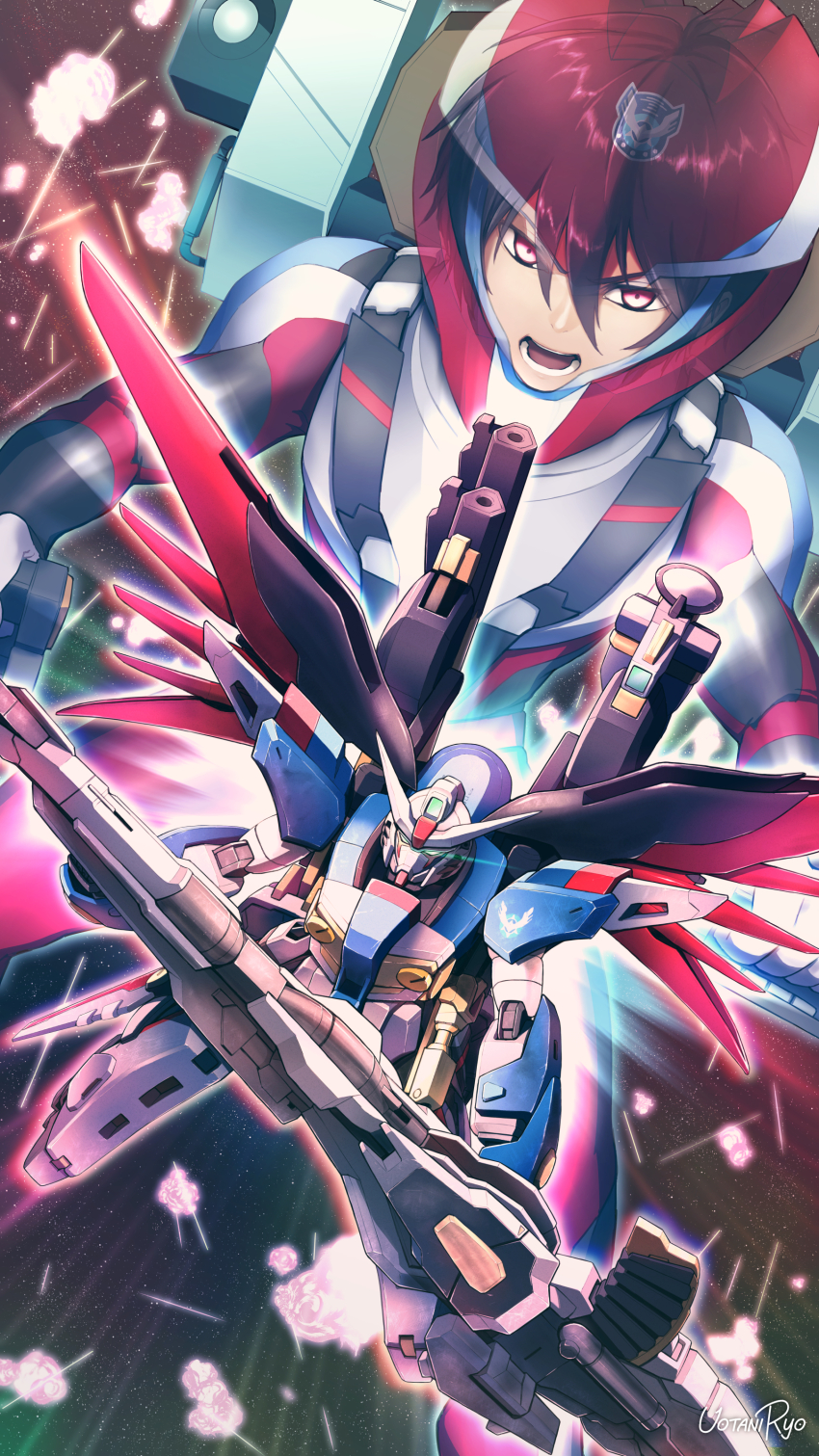 1boy absurdres black_hair destiny_gundam explosion eye_trail gachirin green_eyes gun gundam gundam_seed gundam_seed_freedom hair_between_eyes helmet highres holding holding_gun holding_weapon light_trail male_focus mecha mechanical_wings mobile_suit pilot_suit red_eyes red_helmet robot shinn_asuka v-fin v-shaped_eyebrows weapon wings x-ray