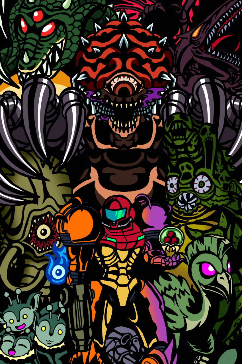 absurdres armor boss_fight canofcrows07 chozo_statue dachora_(metroid) draygon etecoon_(metroid) gravity_suit_(metroid) helmet highres kraid metroid metroid_(creature) metroid_larva mother_brain nintendo phantoon poster_(object) power_armor power_suit_(metroid) ridley samus_aran super_metroid varia_suit