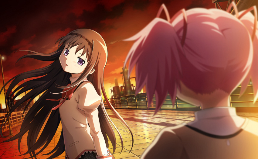 2girls akemi_homura artist_request black_hair blurry blurry_foreground book bow bowtie city cloud cloudy_sky depth_of_field facing_away game_cg hair_ribbon head_tilt highres jacket juliet_sleeves kaname_madoka lamppost long_hair long_sleeves mahou_shoujo_madoka_magica mahou_shoujo_madoka_magica_magia_exedra mitakihara_school_uniform multiple_girls official_art open_book orange_sky outdoors pink_hair puffy_sleeves purple_eyes railing red_bow red_bowtie ribbon school_uniform short_hair short_twintails sky standing sunset textless_version tile_floor tiles twintails wind yellow_jacket