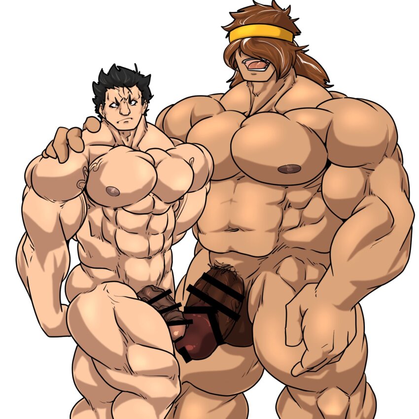 2boys bara black_hair brown_hair censored dark-skinned_male dark_skin geronimo_(kinnikuman) hair_over_eyes headband highres interracial kaltet kinnikuman large_nipples large_pectorals large_penis long_hair male_focus multiple_boys muscular muscular_male native_american nude pectorals penis pubic_hair size_difference topless_male yaoi