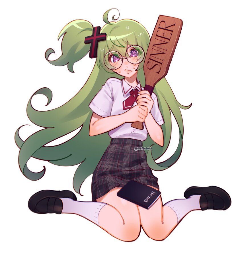 1girl @_@ black_shoes black_skirt book buttons collared_shirt commentary confessions_of_a_rotten_girl_(vocaloid) cross_hair_ornament death_note english_commentary fujoshi glasses green_hair hair_ornament highres holding holding_paddle long_hair macne_nana macne_series miffuloid necktie paddle plaid_clothes plaid_skirt pornography purple_eyes red_necktie round_eyewear shirt shoes side_ponytail simple_background sitting skirt socks solo very_long_hair vocaloid wariza watermark wavy_mouth white_background white_shirt white_socks yaoi_(object) yaoi_paddle