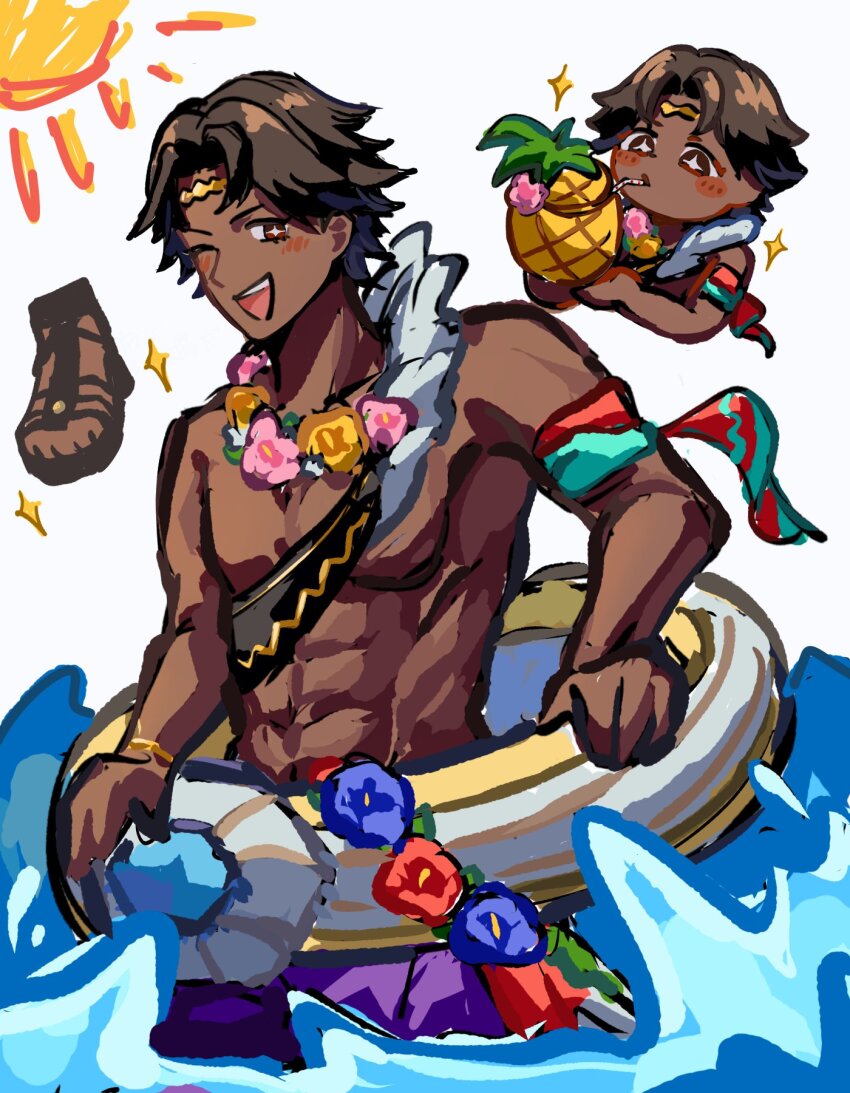 1boy abs brown_eyes brown_hair dark-skinned_male dark_skin fire_emblem fire_emblem_engage fire_emblem_heroes flower flower_necklace fogado_(fire_emblem) fogado_(summer)_(fire_emblem) food fruit highres holding holding_swim_ring innertube jewelry kashiwa_e3 male_focus male_swimwear necklace nintendo official_alternate_costume pineapple purple_swim_trunks smile star-shaped_pupils star_(symbol) swim_ring swim_trunks symbol-shaped_pupils