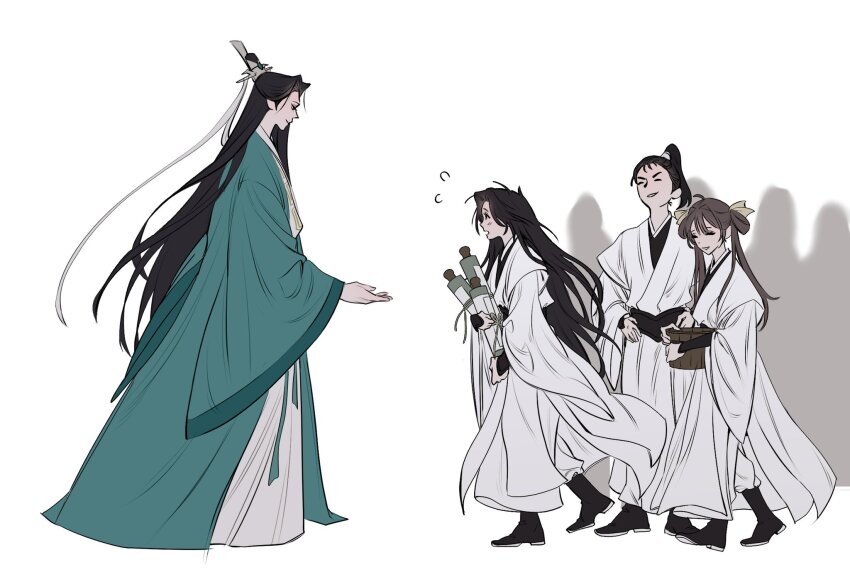 1girl 3boys aged_down black_boots black_hair black_sash boots brown_hair bucket chinese_clothes closed_eyes closed_mouth flying_sweatdrops full_body green_hanfu green_ribbon hair_ribbon hands_on_own_hips hanfu high_ponytail highres hilong holding holding_bucket holding_scroll korean_commentary long_hair long_sleeves looking_at_another luo_binghe ming_fan multiple_boys ning_yingying offering_hand open_mouth pants ponytail renzha_fanpai_zijiu_xitong ribbon ribboned_xiao_guan sash scroll shen_qingqiu simple_background smile standing topknot walking white_background white_hanfu white_pants white_ribbon wide_sleeves wooden_bucket xiao_guan_(headdress)