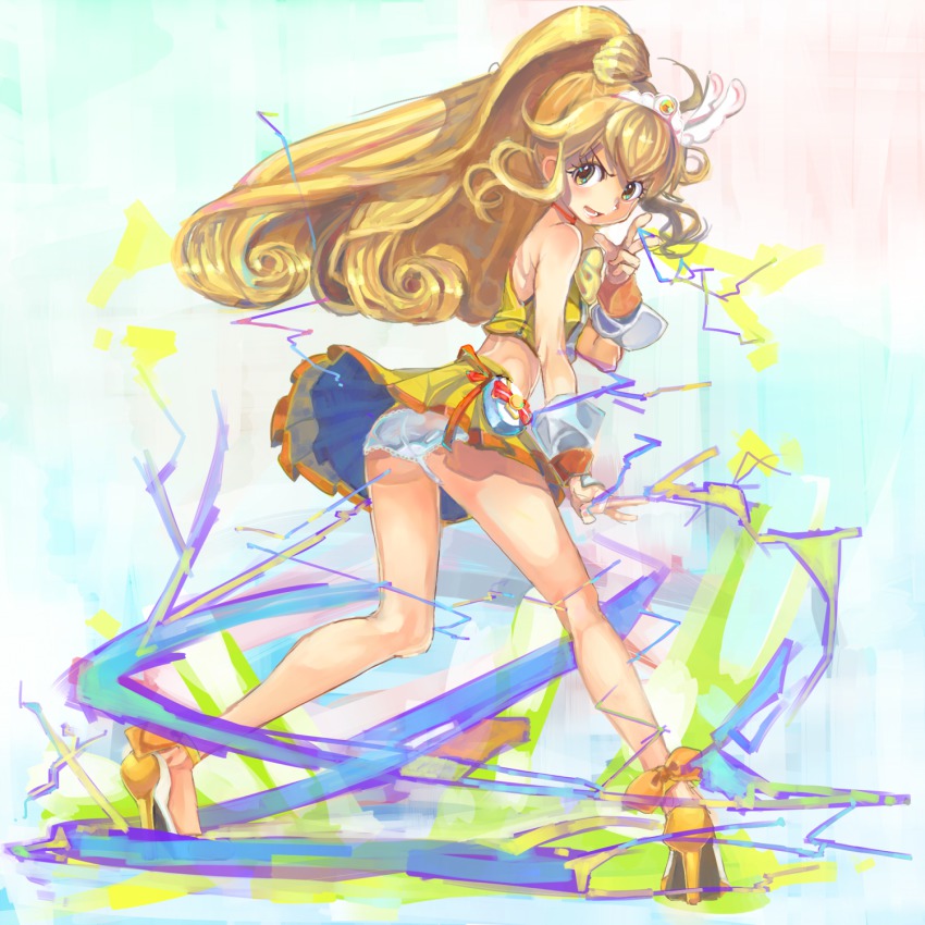 10s 1girl blonde_hair blush choker cure_peace electricity female_focus from_behind hair_flaps hair_ornament high_heels highres kikiki_(hiya_mikan) kise_yayoi long_hair looking_back magical_girl midriff open_mouth panties pantyshot ponytail precure shoes skirt smile_pact smile_precure! solo underwear upskirt v white_panties wind wrist_cuffs yellow_eyes yellow_skirt